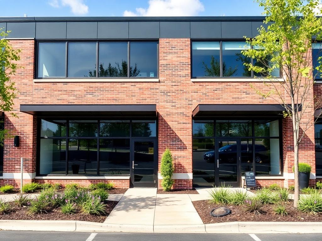 Immeuble commercial de deux étages en brique et verre